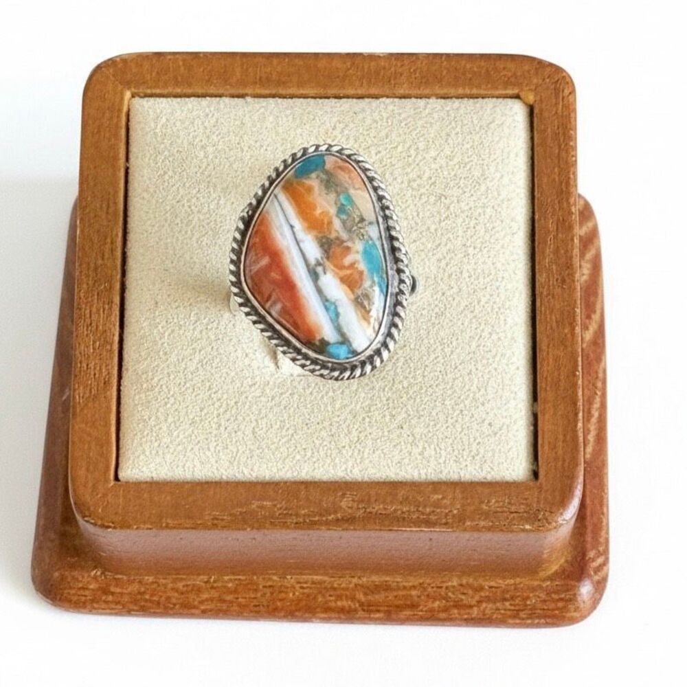 Southwestern Spiny Oyster Turquoise Ring Silver Statement Boho Size 4 Unique New